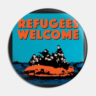 REFUGEES WELCOME - COLOURFUL ILLUSTRATION SHOWING REFUGEES ON A SMALL BOAT Pin