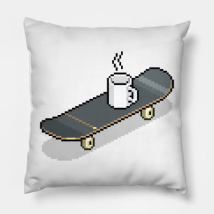 Retro 8 bit skateboard and cup Pillow