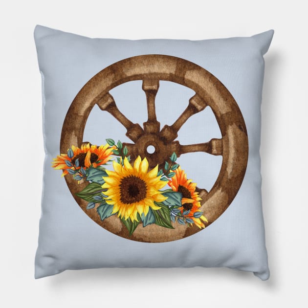 Rustic Sunflower Western Country Wagon Wheel Pillow by Tina