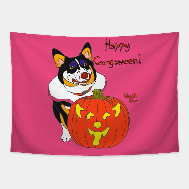 Bookie Boo the Corgi Clown - Happy Corgoween Tapestry by LeiaPowellGlass