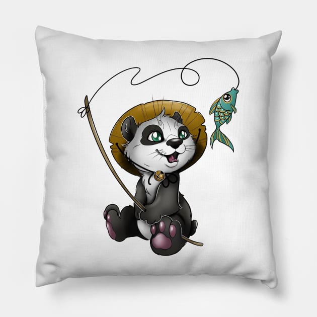 panda fishing Pillow by sample the dragon