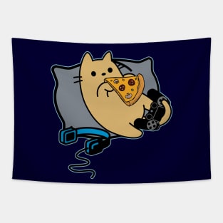 Nerdy Gamer Cat Eating Pizza Game Paused Tapestry