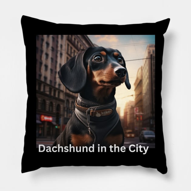 Dachshund in the City Pillow by Hayden Mango Collective 