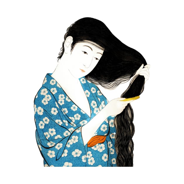 Japanese beauty Geisha in Kimono styling her hair - Japanese art by geekmethat