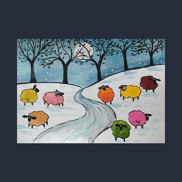 Quirky Colourful Sheep in the Snow by Casimirasquirkyart