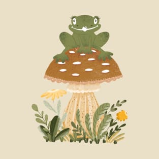 Cute Cottagecore Goblincore Frog Sat on a Forest Mushroom T-Shirt