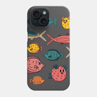 Set of outline different cartoon underwater fish, tang, flounder, tuna, ocean burrfish, sea marlin. Doodle isolated animals Phone Case