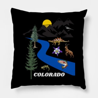 COLORADO SUN MOUNTAINS BLUE SPRUCE STREAMS AND COLUMBINE, BIGHORN SHEEP, LARK BUNTING, STEGOSAURS, WESTERN TIGER SALAMANDER, AND GREENBACK CUTTHROAT TROUT Pillow