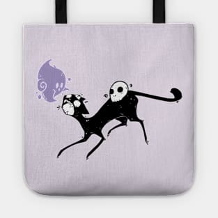 Creepy Cute Black Cat Monster With Ghost And Skull Art Tote