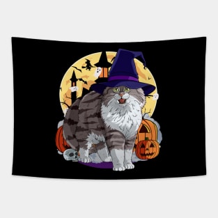 Norwegian Forest Cat Funny Halloween Witch Pumpkin Tapestry