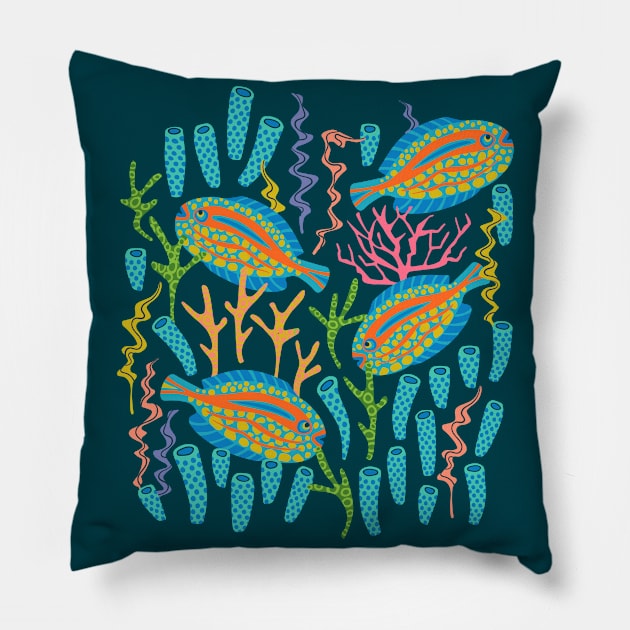 TROPICAL ZONE Coral Reef Fish Undersea Ocean Sea Creatures in Bright Colours on Dark Teal Blue - UnBlink Studio by Jackie Tahara Pillow by UnBlink Studio by Jackie Tahara