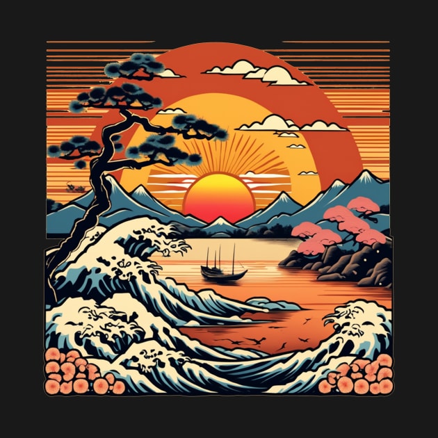 Japanese sunset boat peaceful orange design by Edgi