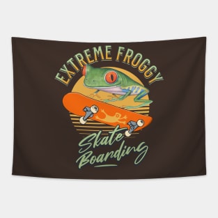 Funny and cute red eyed tree frog skateboarding having an hip hop extreme time while riding the board Tapestry