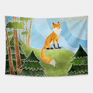 Cute Fox Smiling on a Hill in the Sun, Batik silk painting style Tapestry