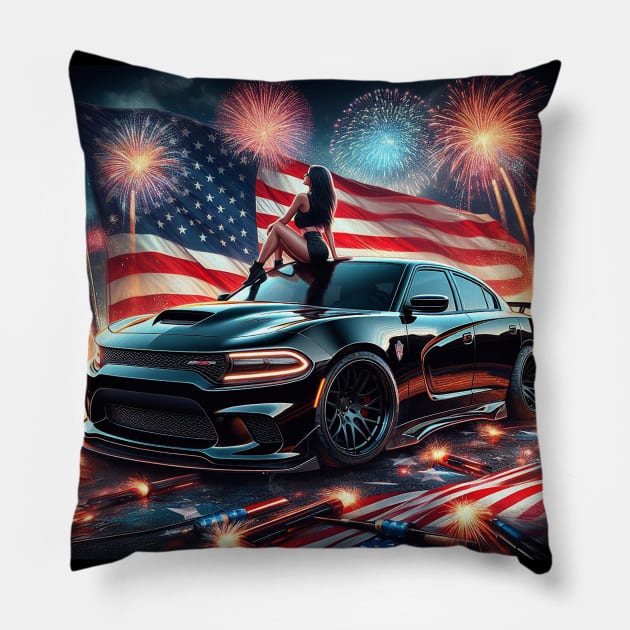 Dodge Charger Hellcat and The American Flag by Gas Autos Pillow by GasAut0s