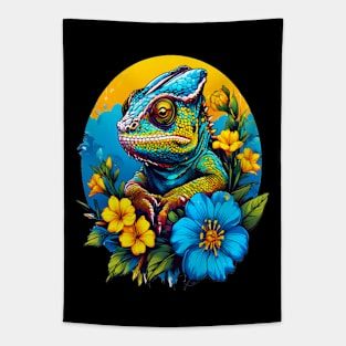 Chameleon Surrounded by Vibrant Spring Flowers Tapestry