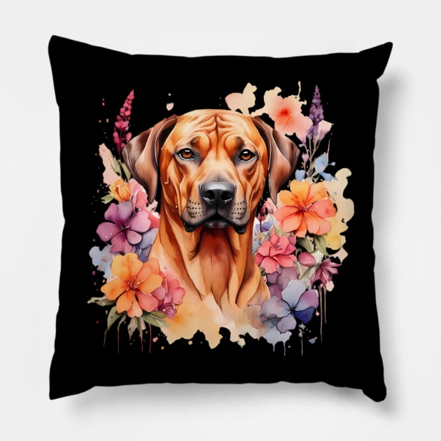 A rhodesian ridgeback decorated with beautiful watercolor flowers Pillow by CreativeSparkzz