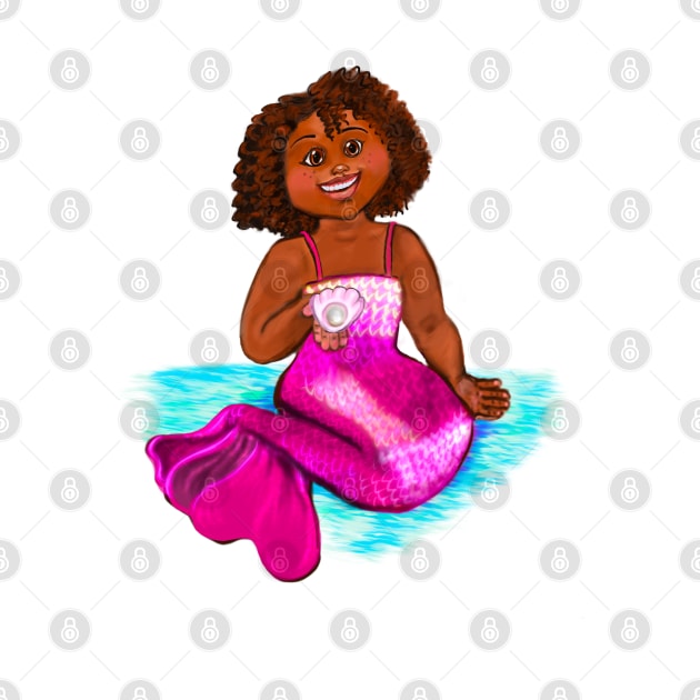 Cute Little Magical rainbow mermaid holding a pearl, brown eyes, Afro hair in two puffs and caramel brown skin - light background by Artonmytee