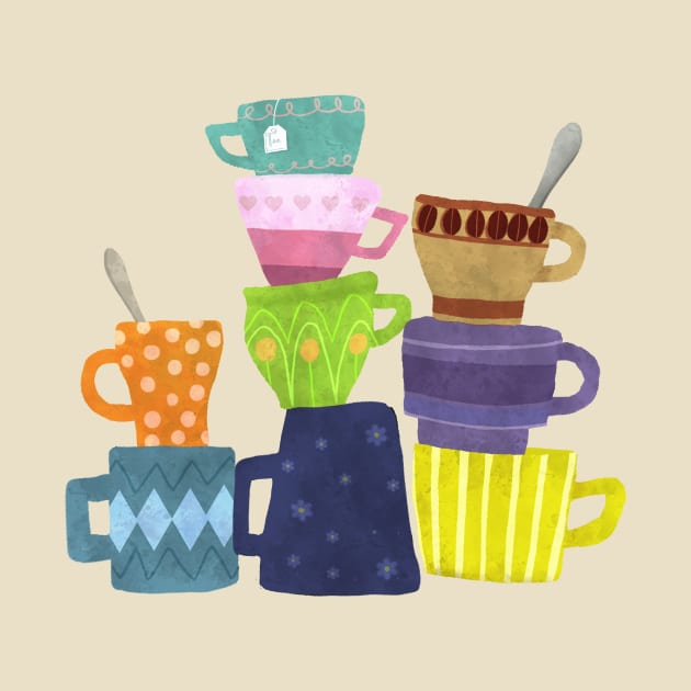 Coffee And Tea Mugs Stacked High by LittleBunnySunshine