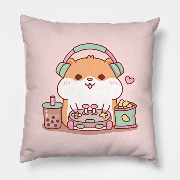 Cute Chubby Hamster Gamer Playing Video Games Pillow by rustydoodle