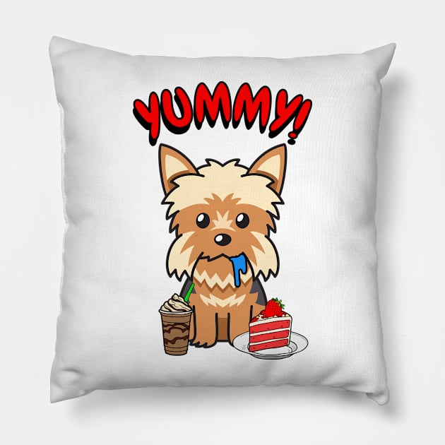 Cute yorkie dog is having coffee and cake Pillow by Pet Station