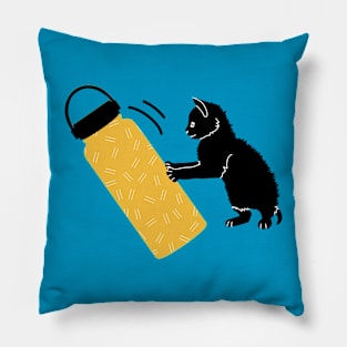 Black kitten and yellow water bottle Pillow