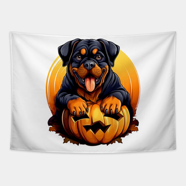 Rottweiler Dog inside Pumpkin #2 Tapestry by Chromatic Fusion Studio
