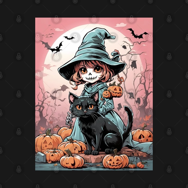 Cute Halloween zombie witch with black cat by BrisaArtPrints