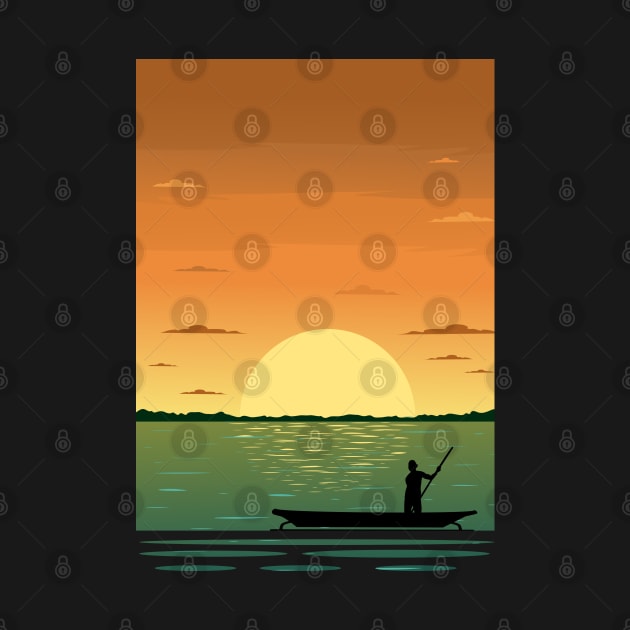 Sunset and the fisher in minimalist artwork by Zakaria Azis