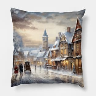 Oil Painting of a Victorian Village at Christmas - Landscape Pillow