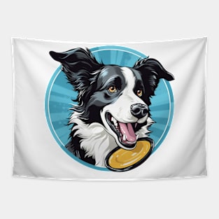border collie playing with a yellow frisbee Tapestry