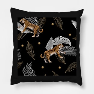 Tigers in the jungle black and  gold Pillow