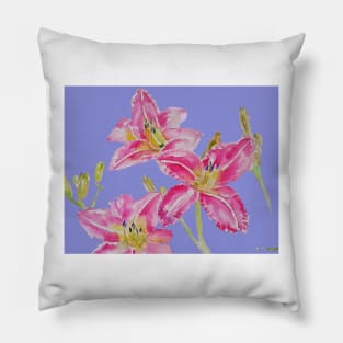 Pink Lily Flower Watercolor Painting Pattern - on Lavender Purple Pillow