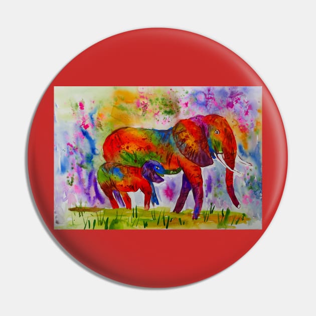 Colourful Mother and Baby Elephants Pin by Casimirasquirkyart