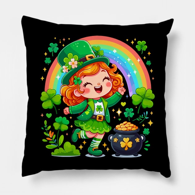 A cute Irish Lassie dancing an Irish jig celebrates St Patrick's Day with a rainbow a pot of gold and shamrocks Irish Pride Irish American four leaf clovers Pillow by Tees 4 Thee