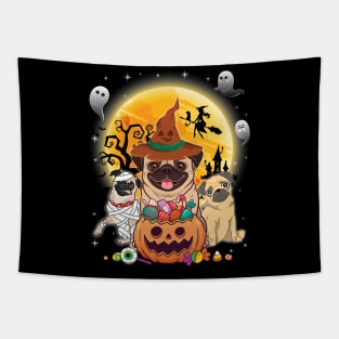 Pug Dog Mummy Witch Moon Ghosts Happy Halloween Thanksgiving Merry Christmas Day Tapestry