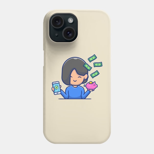Cute Girl Holding Phone And Piggy Bank With Money Phone Case by Catalyst Labs