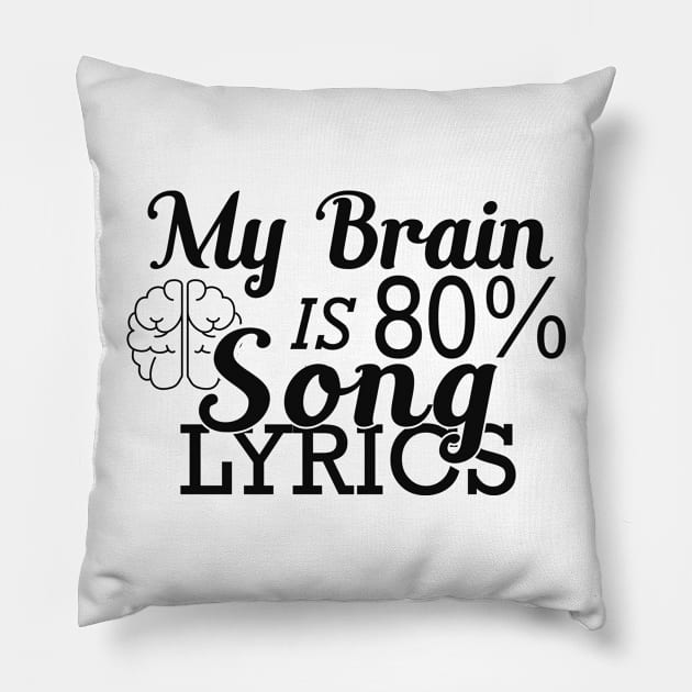 Music Lover - My brain is 80% song lyrics Pillow by KC Happy Shop