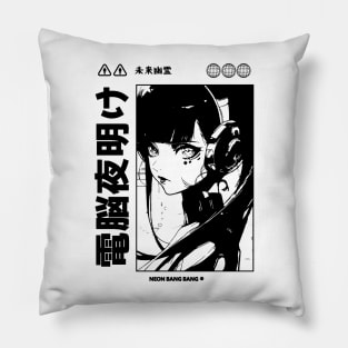 Vaporwave Cyberpunk Japanese Manga Girl Black and White Pillow