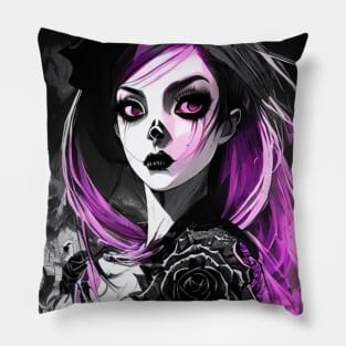 Emotional Contrast: Engaging Black and White Anime Girl Illustrations Gothic Goth Dark Pink Hair Violet Pillow