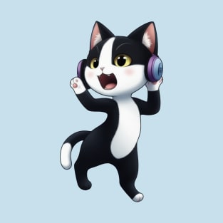 Cute Tuxedo Cat with Headphones T-Shirt
