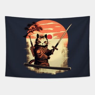 Ninja Cat Japanese Vintage Sunset Sword Tapestry