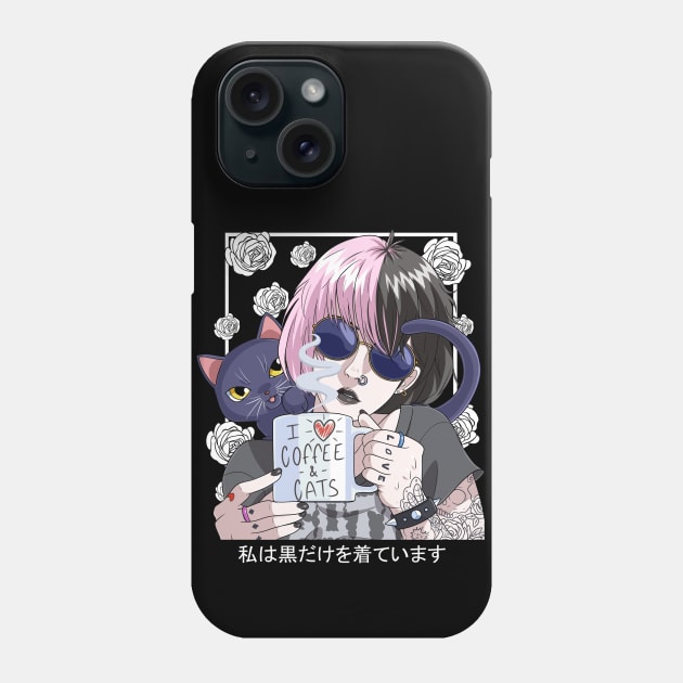 Goth Anime Girl Black Gothic Cat Coffee Lover Vaporware Phone Case by Noseking