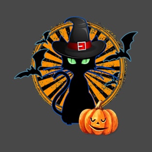 Black Cat Halloween Witch Hat T-Shirt