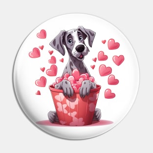 Cartoon Great Dane Dog in Hearts Basket Pin