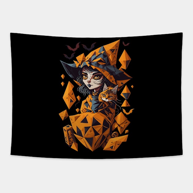 Geometric Halloween Witch with Cat Tapestry by Luvleigh