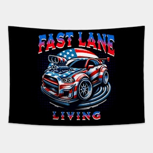 Fast Lane Living Racecar USA American Flag Car Racing America Tapestry