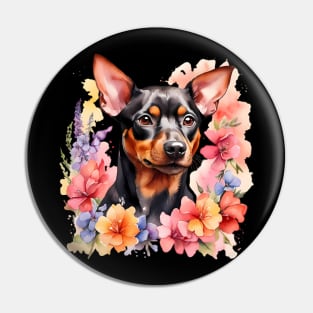 A miniature pinscher decorated with beautiful watercolor flowers Pin