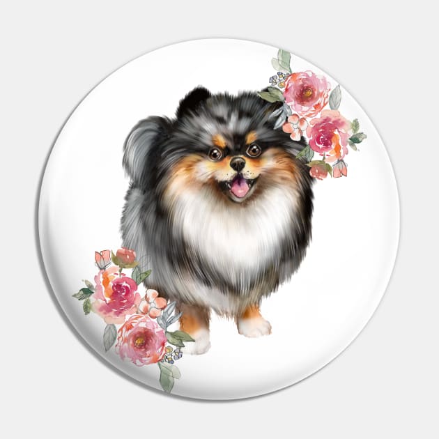 Blue Pomeranian Puppy Dog Watercolor Art Pin by AdrianaHolmesArt