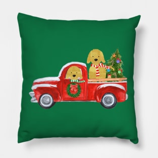 Golden Retrievers Christmas Red Truck Pillow